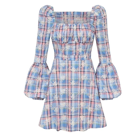 Autumn Adeigbo Catira Check Eyelet Puff-Sleeve Mini Dress in Blue Eyelet Print - Picture 4 of 10